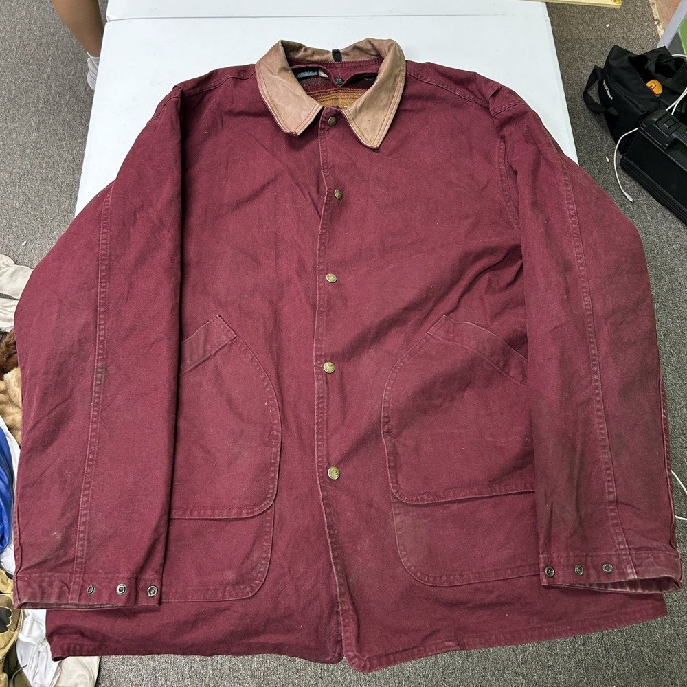 Woolrich Barn Jacket Mens XL Burgundy Blanket Lined Leather Collar USA Made